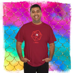 Sheldon D20 Dice I Win T-Shirt, Red on Red Graphic Geek Gamer Tee